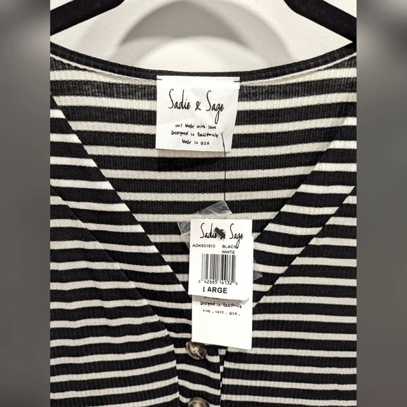 Sadie & Sage Black White Striped Short Sleeve Ribbed V-Neck Mini Dress Large - Picture 7 of 9